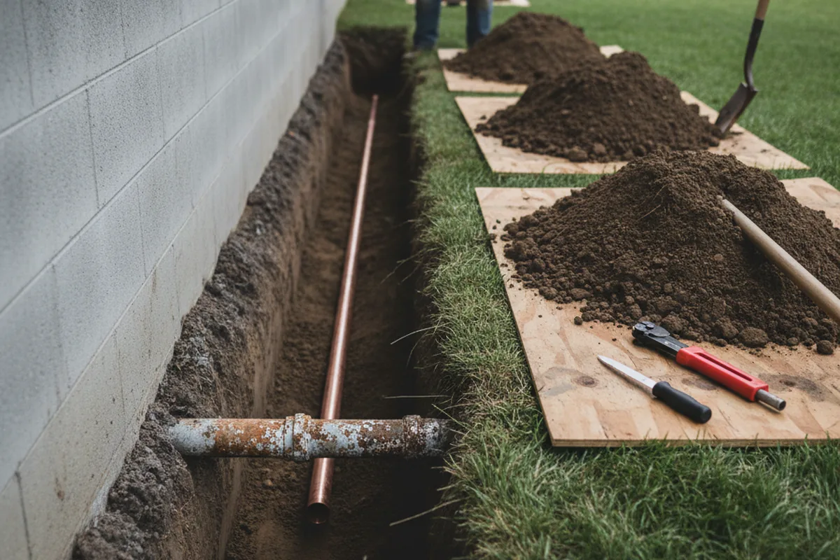 Excavated water line trench during Water Softener Installation in Spangler